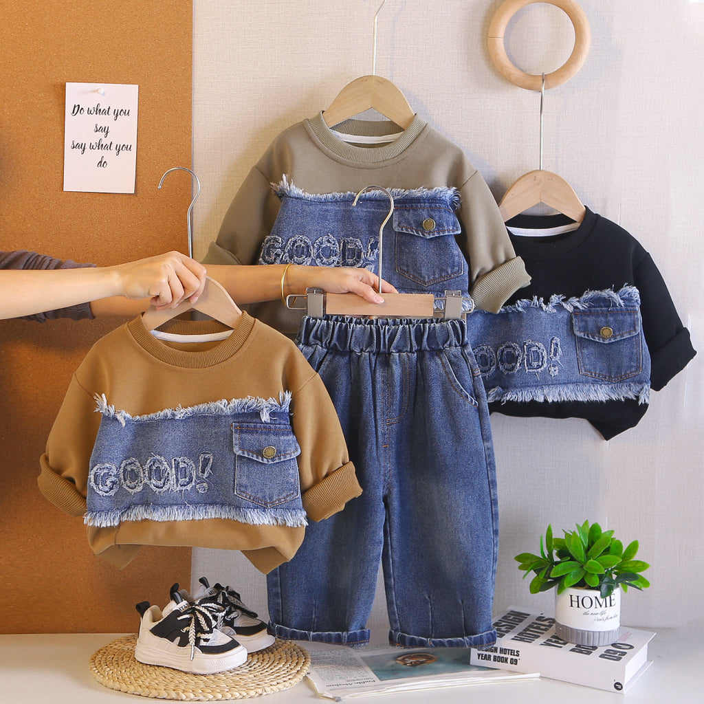 Splicing denim letter hoodie spring long sleeved two-piece set