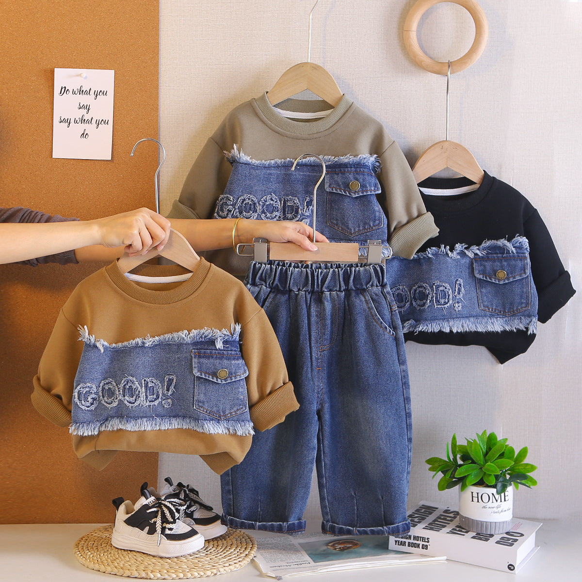 Splicing denim letter hoodie spring long sleeved two-piece set
