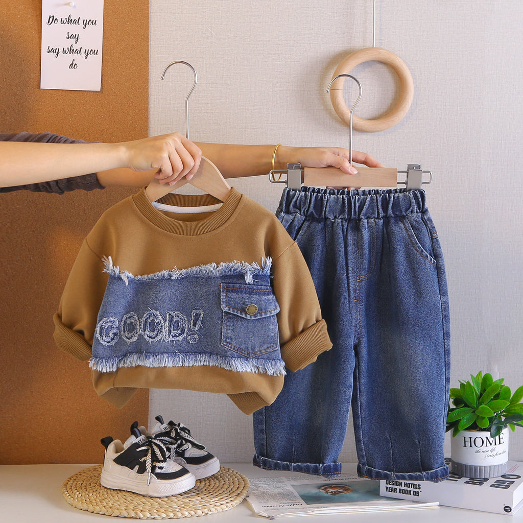 Splicing denim letter hoodie spring long sleeved two-piece set