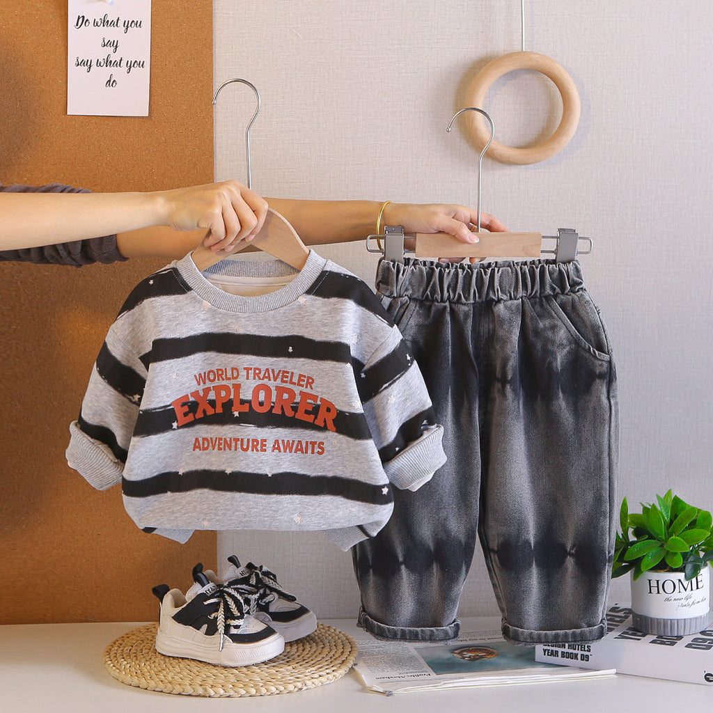 Spring and Autumn striped letter round neck long sleeved two-piece set