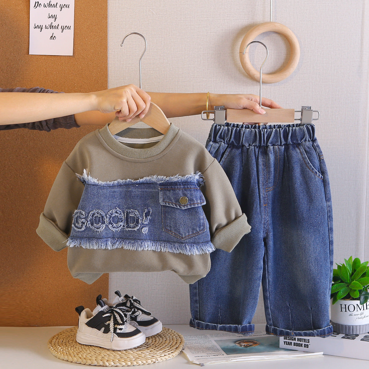 Splicing denim letter hoodie spring long sleeved two-piece set