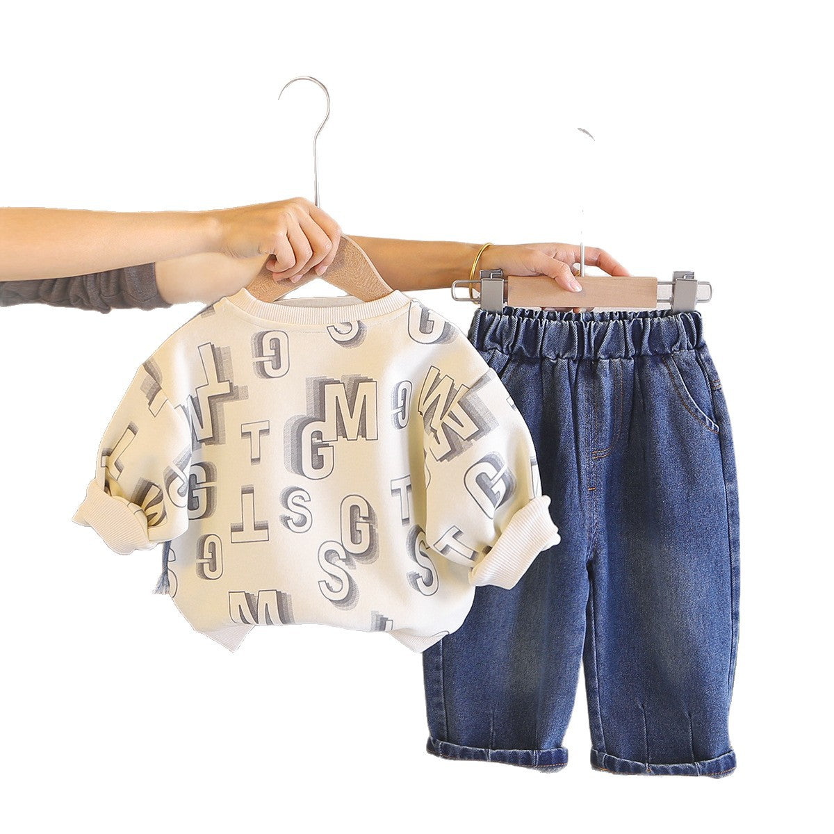 Spring and Autumn Round Neck Hoodie Two Piece Set for Baby Leisure