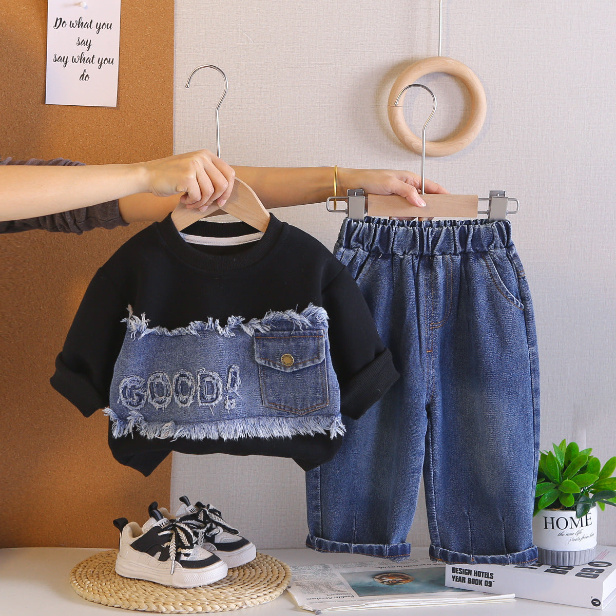 Splicing denim letter hoodie spring long sleeved two-piece set